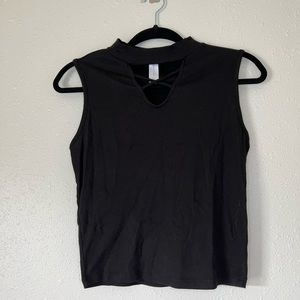 BLACK SLEEVELESS TOP WITH MOCK NECK AND CRISS CROSS DETAIL